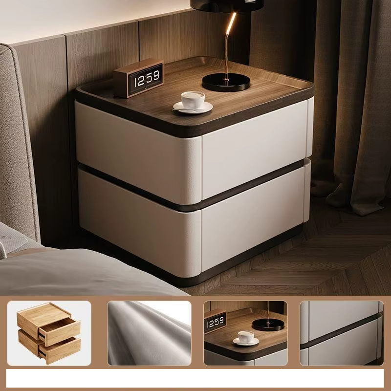Minimalist Premium Bedside Cabinet in white with dark wood top and two drawers, showcasing a modern design.