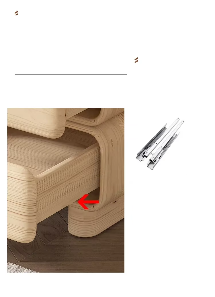 Pine solid wood bedside table with an open drawer, showing craftsmanship. Two metal drawer slides are to the right.