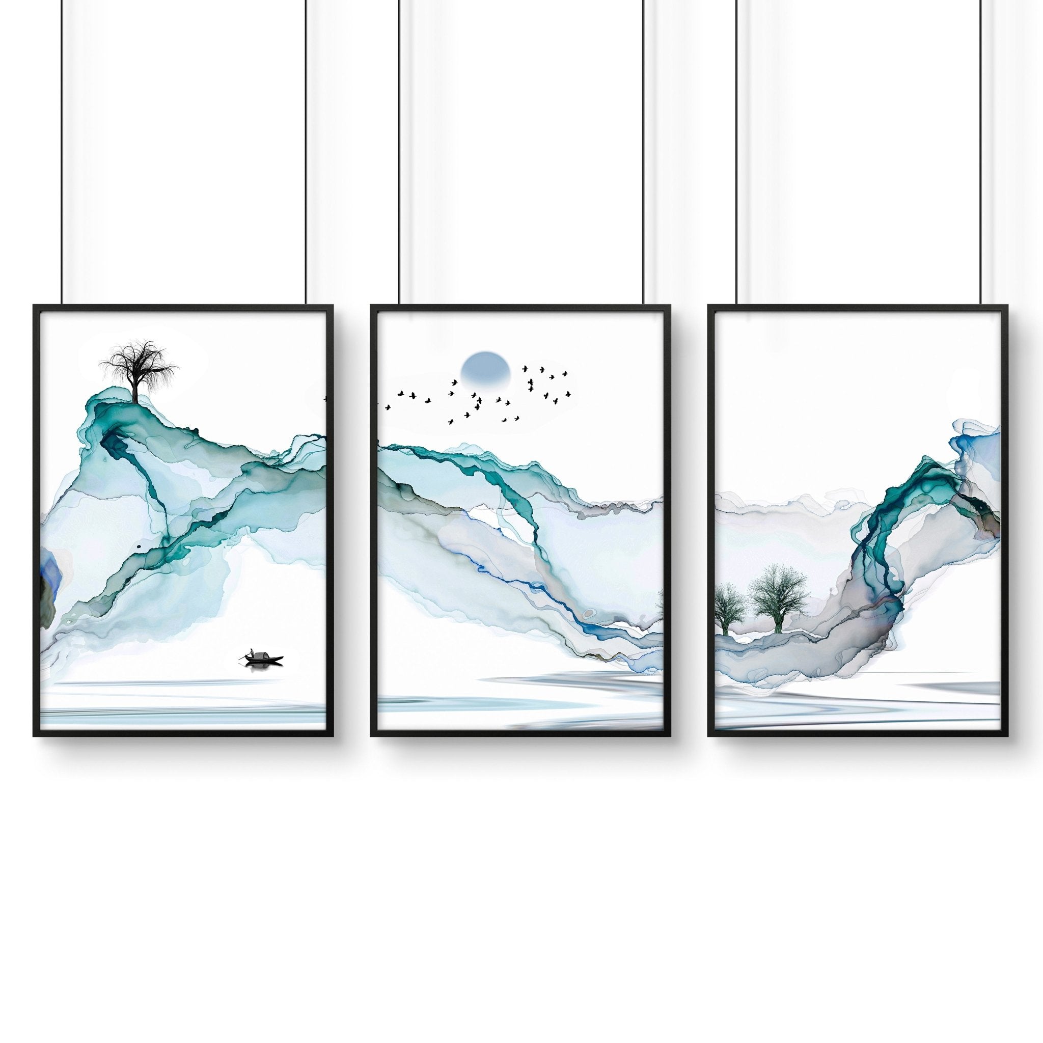 Art print set of 3 | Japanese Teal wall art for living room