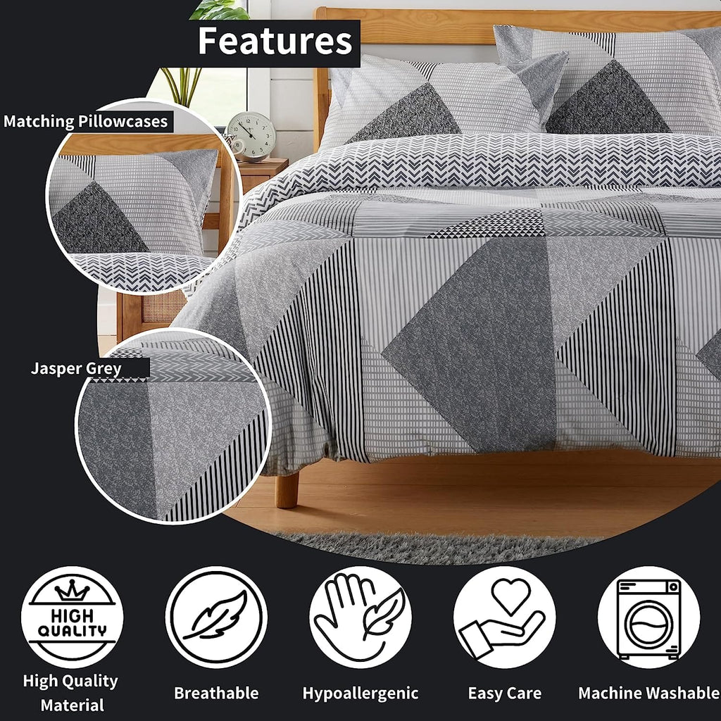 Jasper Grey Printed Reversible Quilted Duvet Cover Set with Button Closure in Single Double and King High-Quality Polyester by OLIVIA ROCCO