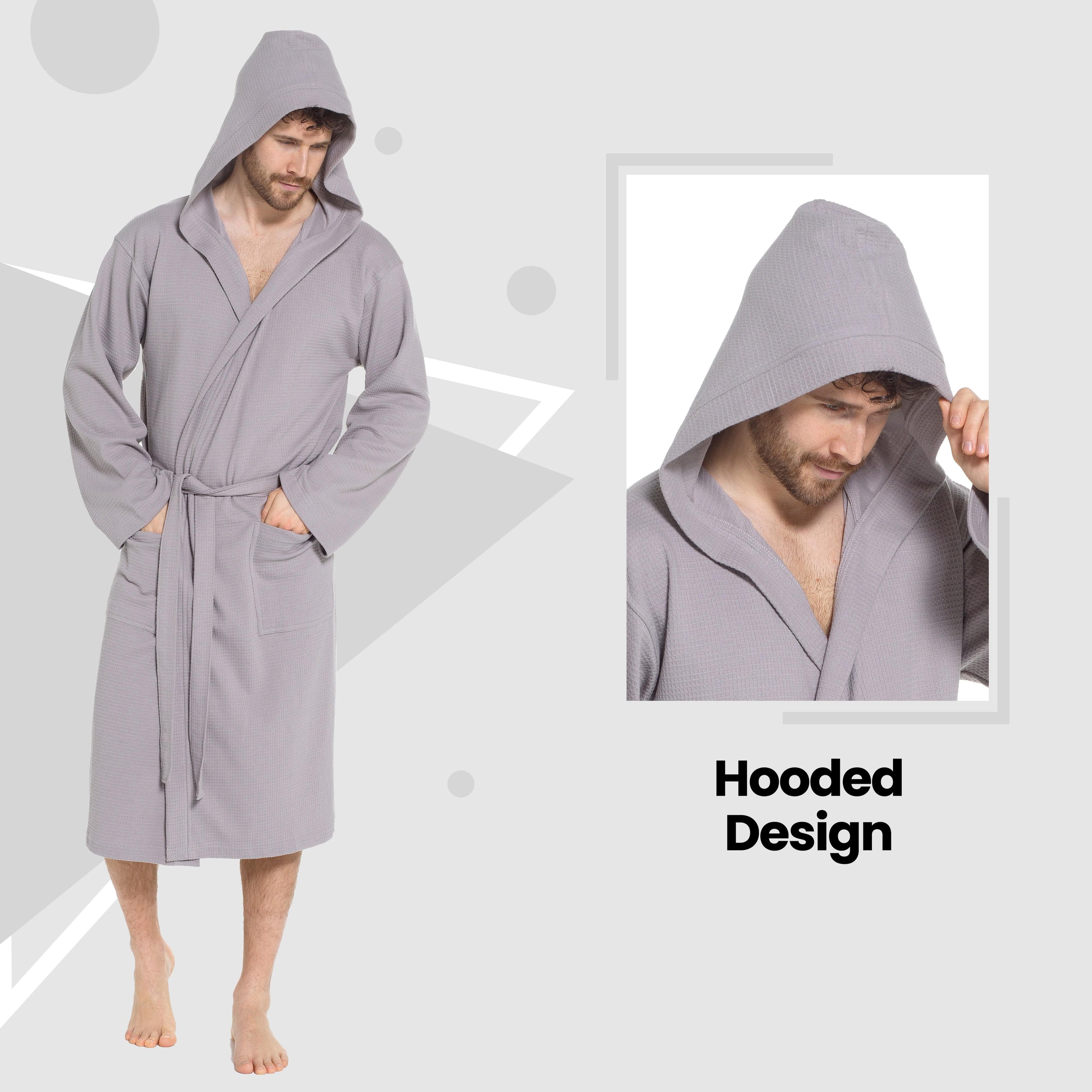 Men’s Hooded Waffle Cotton Bathrobe Grey Super Absorbent Spa Robe Luxury Dressing Gown for Home & Loungewear by OLIVIA ROCCO