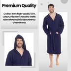 Men’s Hooded Waffle Cotton Bathrobe Navy Super Absorbent Spa Robe Luxury Dressing Gown for Home & Loungewear by OLIVIA ROCCO