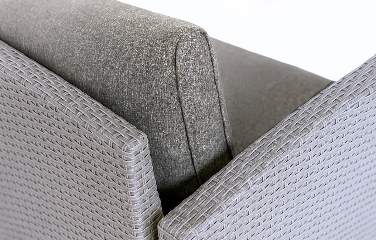 Close-up of grey rattan weave and grey cushion on Stockholm 6-seater corner garden dining lounge set