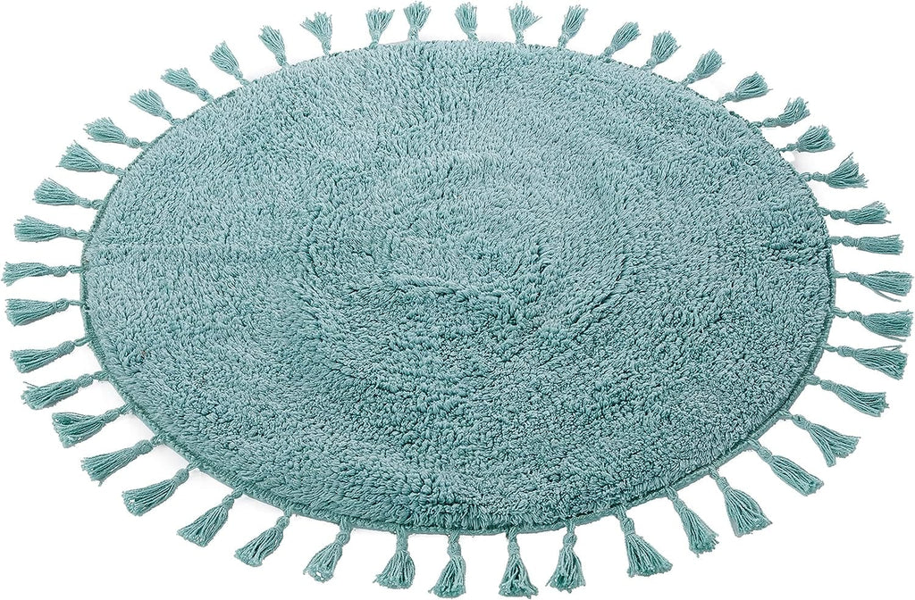 Super Soft Absorbent Non-Slip Round Tasselled Bath Mat 100% Cotton Bathroom Rug in Duck Egg Grey Natural and White by OLIVIA ROCCO