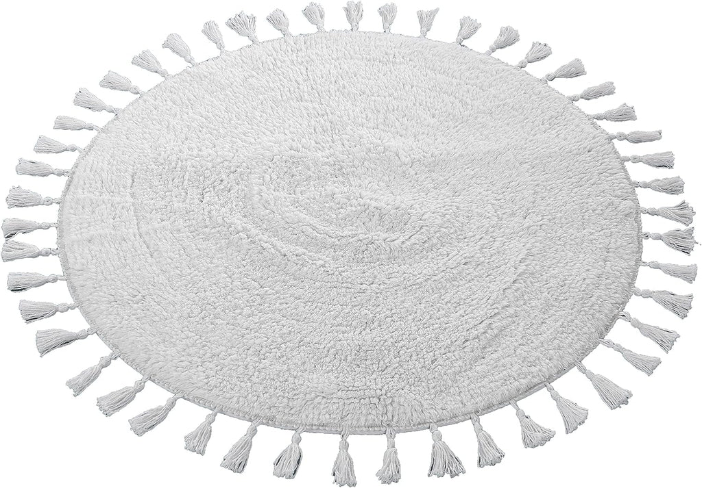 Super Soft Absorbent Non-Slip Round Tasselled Bath Mat 100% Cotton Bathroom Rug in Duck Egg Grey Natural and White by OLIVIA ROCCO