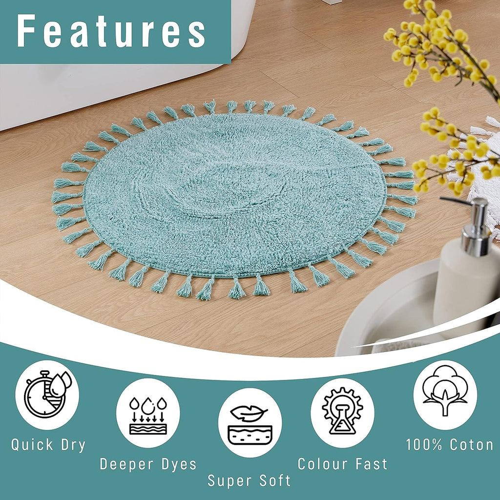 Super Soft Absorbent Non-Slip Round Tasselled Bath Mat 100% Cotton Bathroom Rug in Duck Egg Grey Natural and White by OLIVIA ROCCO