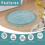 Super Soft Absorbent Non-Slip Round Tasselled Bath Mat 100% Cotton Bathroom Rug in Duck Egg Grey Natural and White by OLIVIA ROCCO