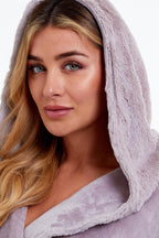 Super Soft Women's Faux Fur Hooded Bathrobe Plush Fleece Ultra-Absorbent Dressing Gown for Home Spa Gym Hotel in Pink or Grey Sizes S-XL by Daisy Dreamer