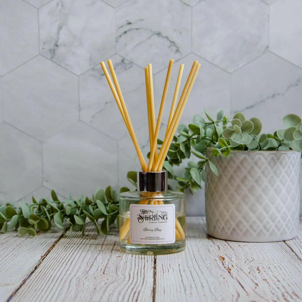 Berry Bay 100ml floral reed diffuser with natural rattan sticks on a wooden surface with a potted plant