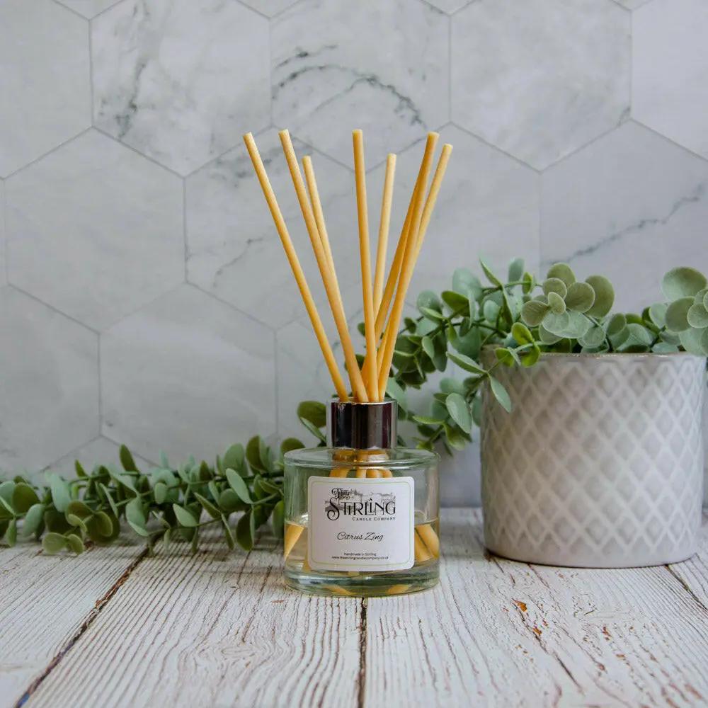 Citrus Zing 100ml diffuser with reeds, clear glass bottle, on a white wooden surface with green plants.