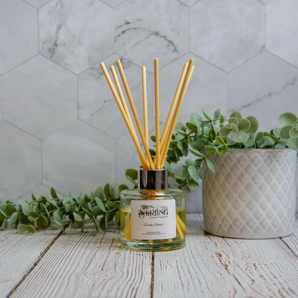 Fresh Start 100ml reed diffuser with natural reeds, clear glass bottle, silver top, and plant decor