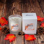 Autumn Nights Medium Candle in frosted glass with white box, sandalwood & amber scent. Hand poured in Scotland.