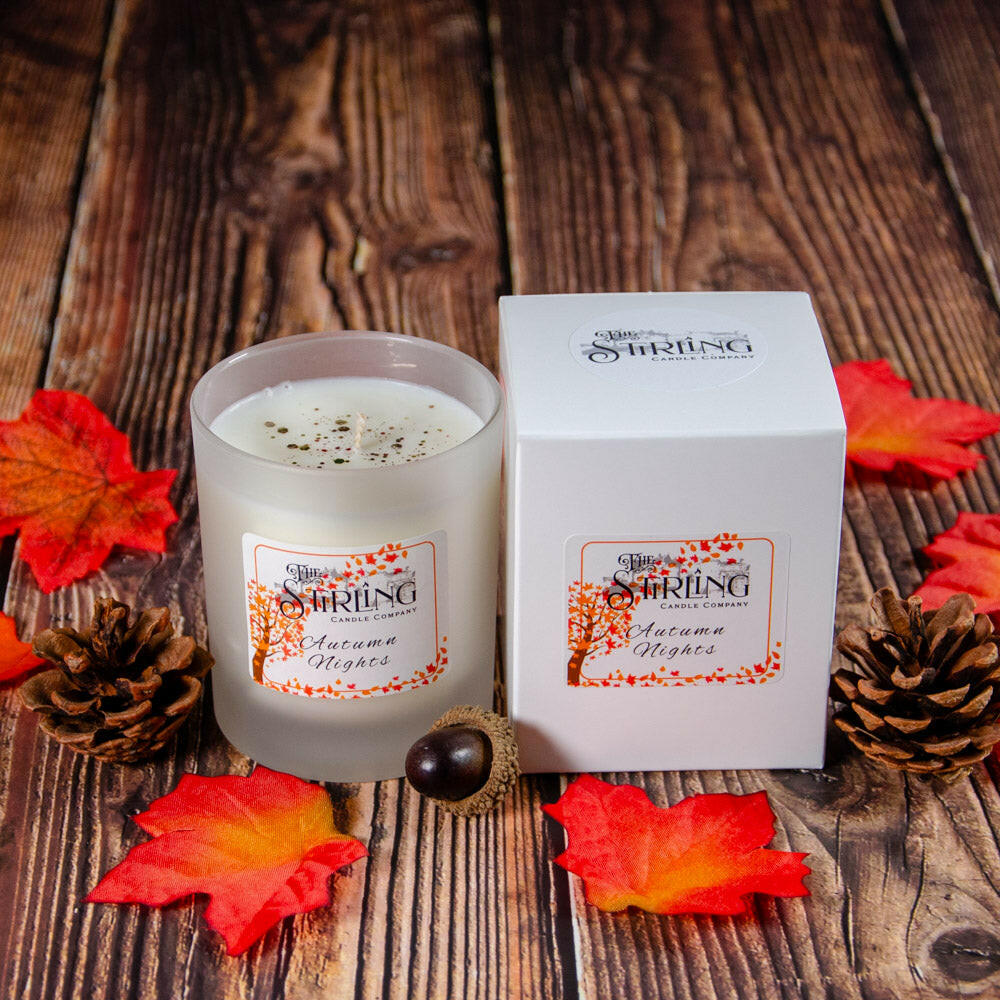 Autumn Nights Medium Candle in frosted glass with white box, sandalwood & amber scent. Hand poured in Scotland.