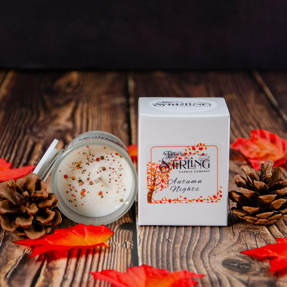 Autumn Nights small vegan candle, hand-poured in Scotland, with packaging box, pinecones and autumn leaves.