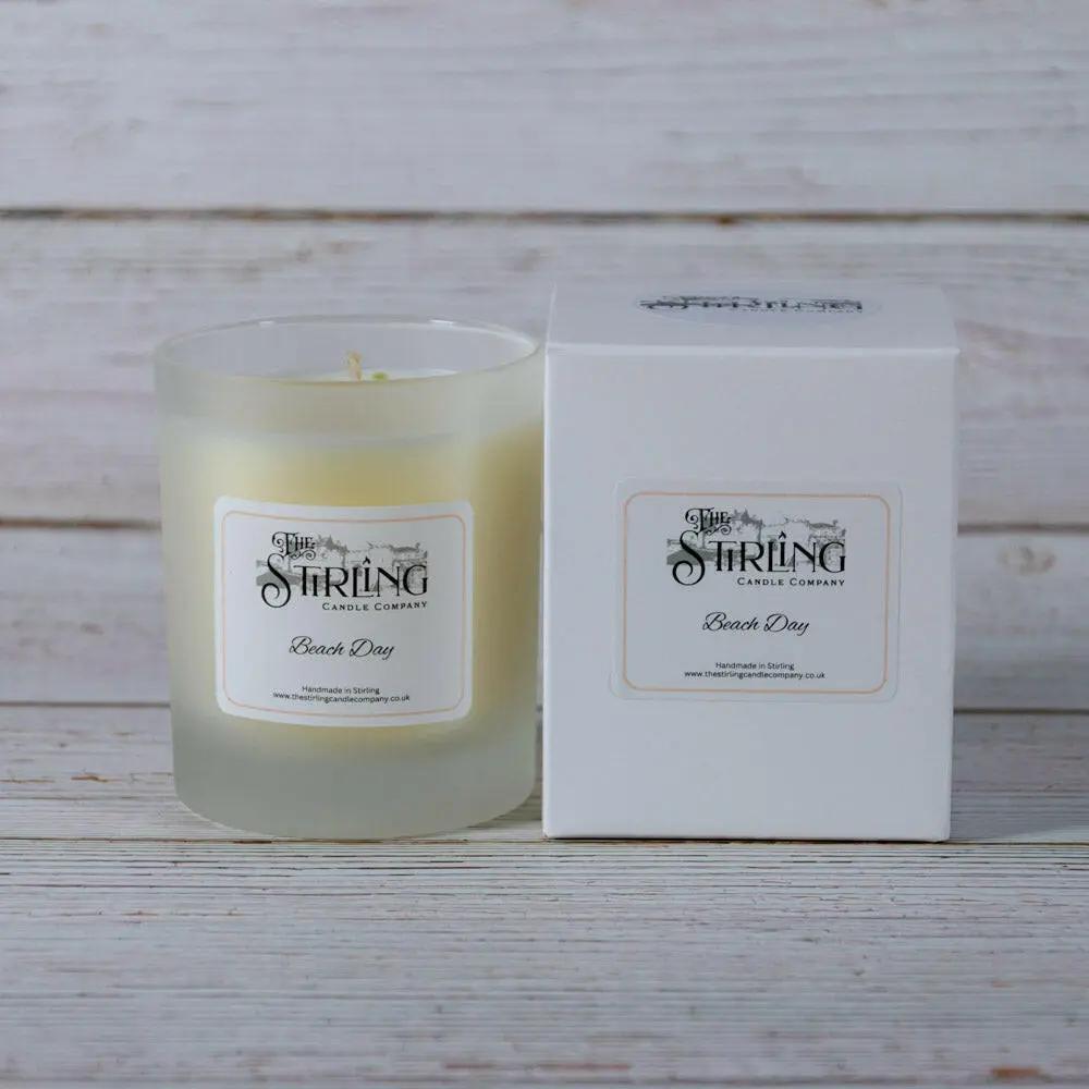 Beach Day Scented Candle in frosted glass with white box, coconut & jasmine fragrance, Stirling, Scotland