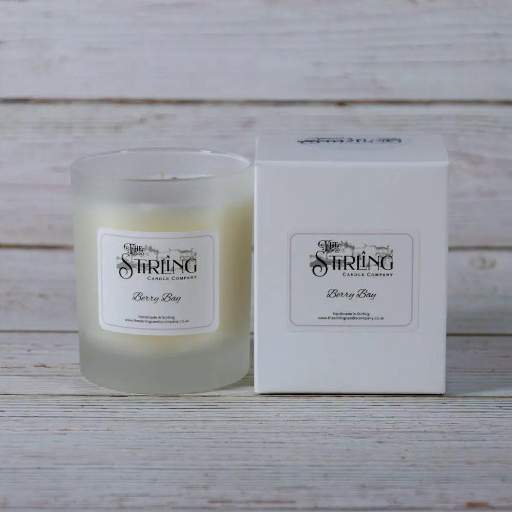 Berry Bay medium scented candle in frosted glass with its white box, handmade in Stirling, Scotland