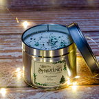 Christmas Tree travel tin candle with cotton wick, silver tin with green label, festive lights