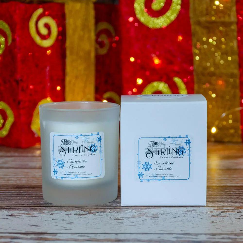 Snowflake Sparkle medium candle in a frosted glass holder, with matching white box, handmade in Stirling, Scotland