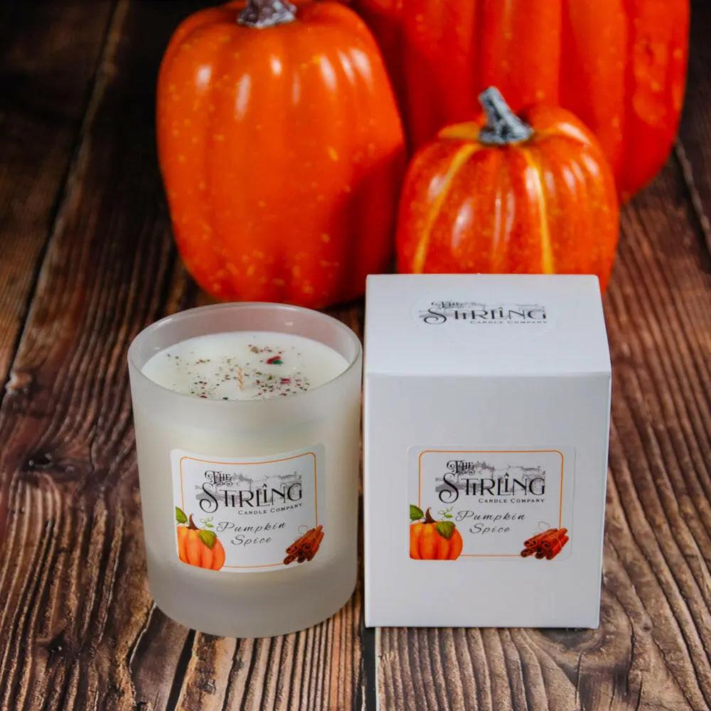 Pumpkin Spice medium candle and box, handmade in Stirling, Scotland. Sustainable rapeseed coconut wax.