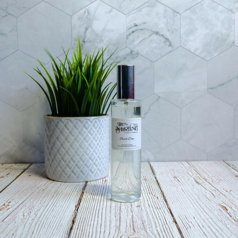 Beach Day Room Spray 100ml bottle with a green plant in a white pot on a wooden surface, luxury home fragrance