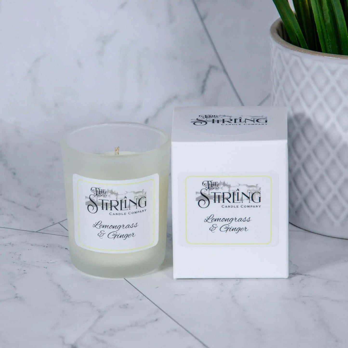 Lemongrass & Ginger small candle in frosted glass with white box, made with natural rapeseed coconut wax in Scotland.