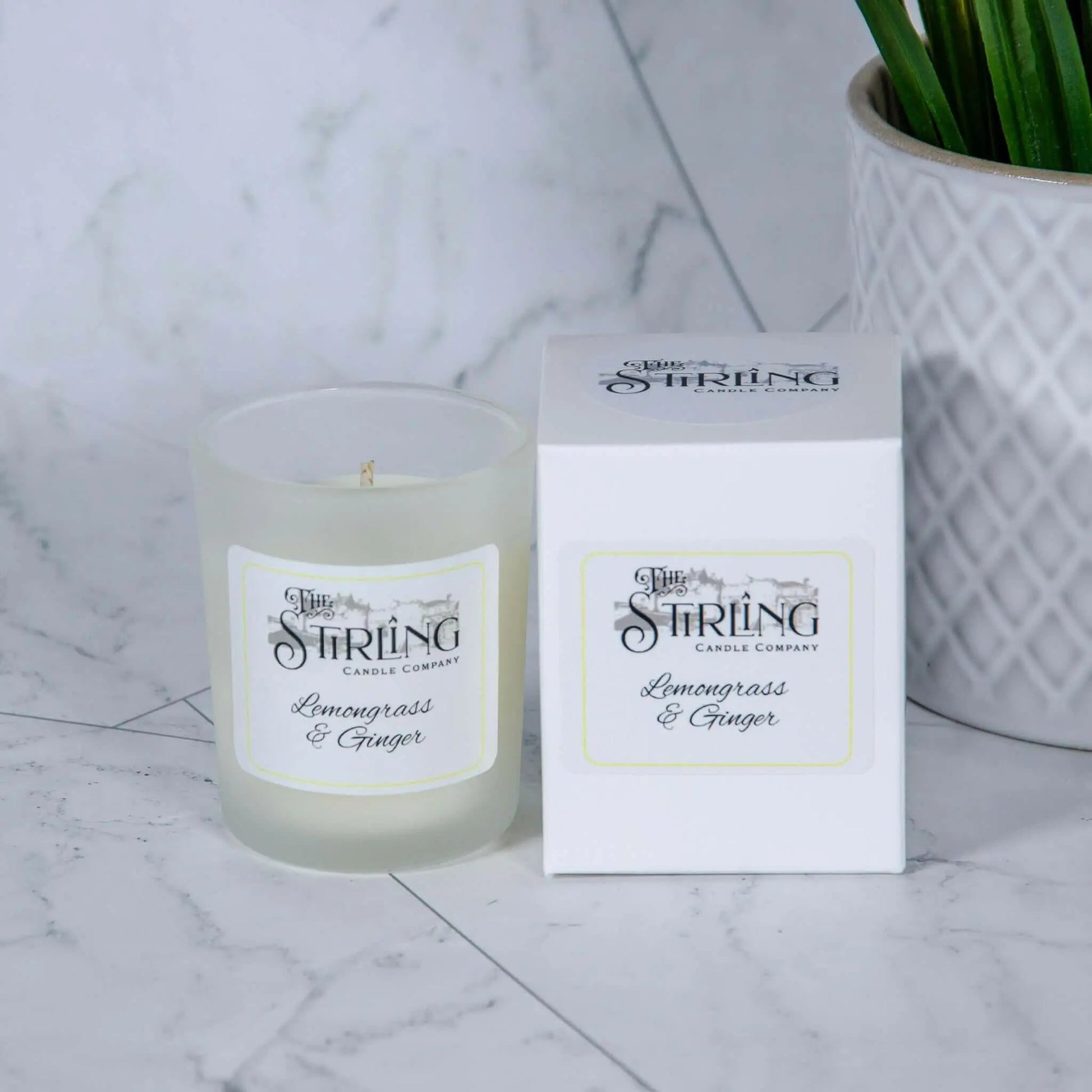 Lemongrass & Ginger small candle in frosted glass with white box, made with natural rapeseed coconut wax in Scotland.