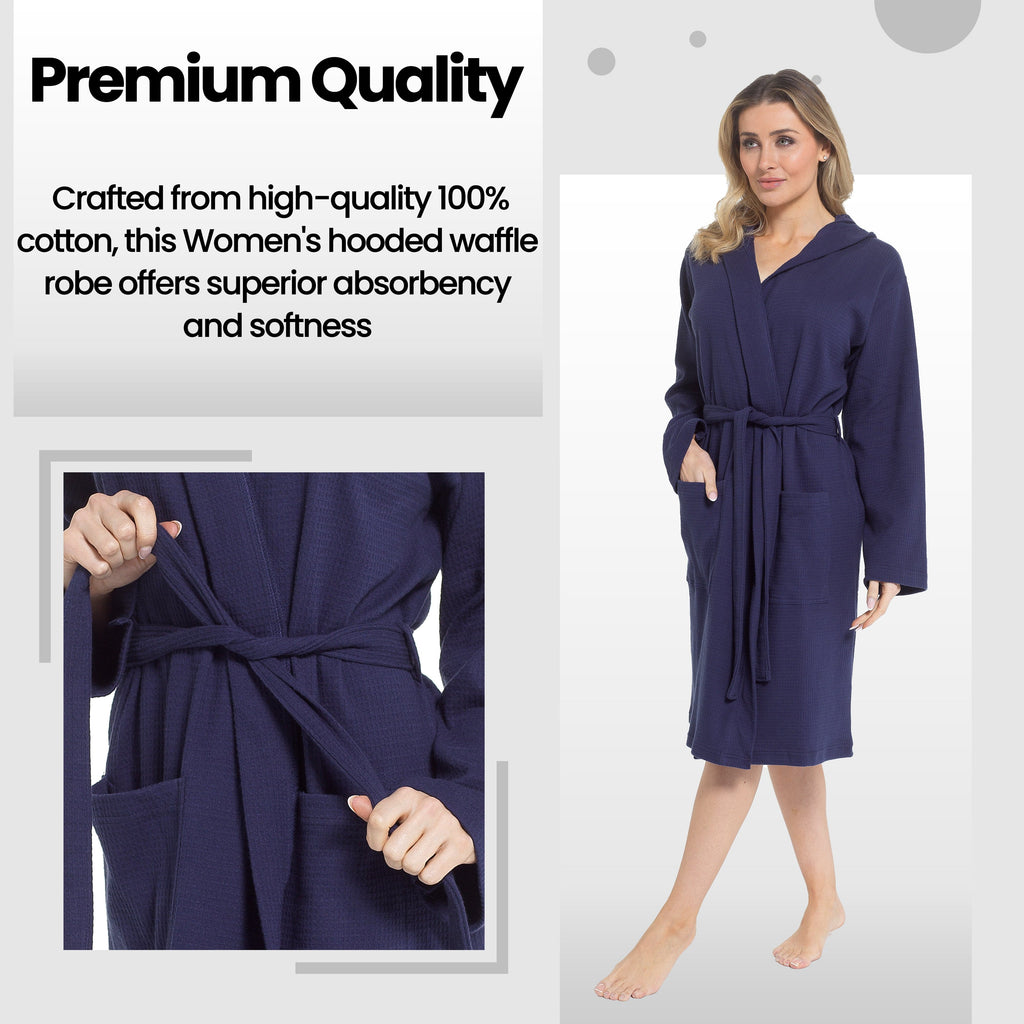 Women's Hooded Waffle Cotton Bathrobe Navy Super Absorbent Spa Dressing Gown for Home Lounge & Travel by Daisy Dreamer